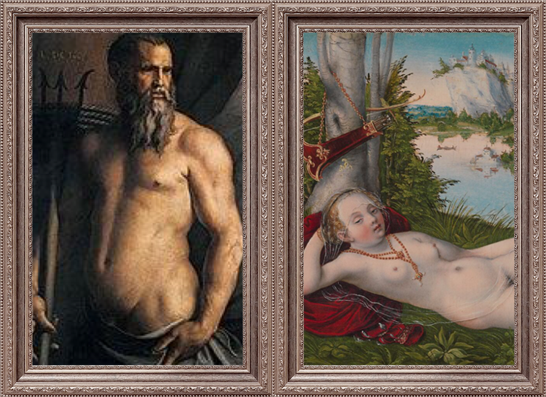 Agnolo Bronzino: Andrea Doria as Neptune  c. 1550 – 1555	/ Lucas Cranach the Younger: Nymph of the Spring	1545–1550