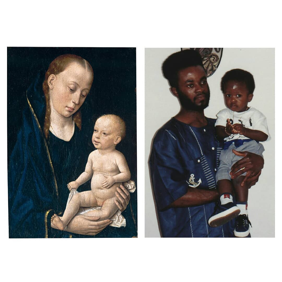 L: "Madonna and Child", c. 1465, by Dieric Bouts. R: A photo of me and my father. Theophilus Imani